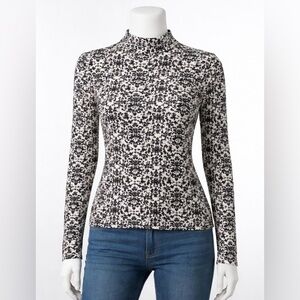 Iconic Black White Floral Mock Neck Top XS Long Sleeve Fitted Stretch Y2K